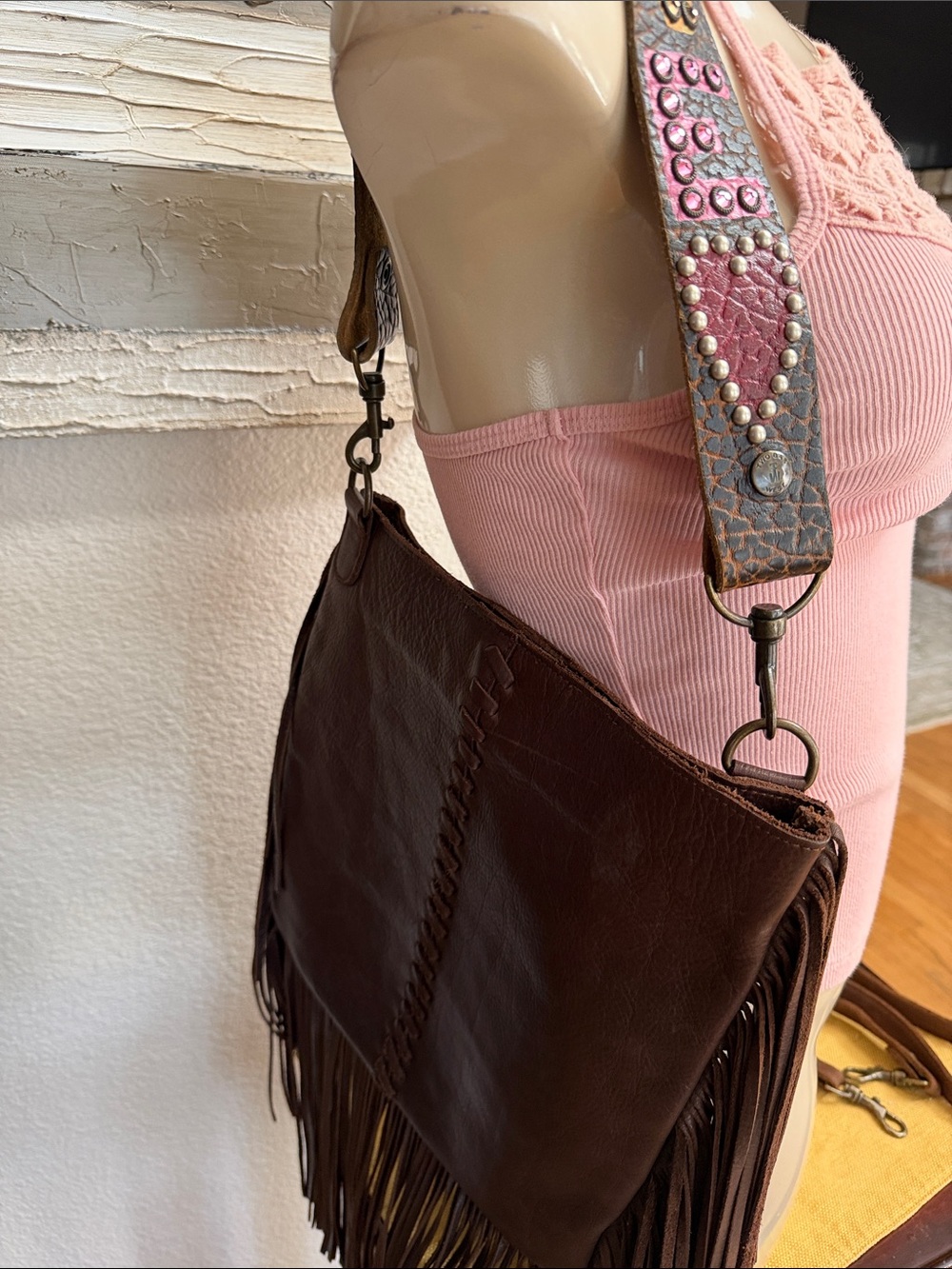 Brown Leather Fringe Hobo Shoulder Bag with Decorative Strap